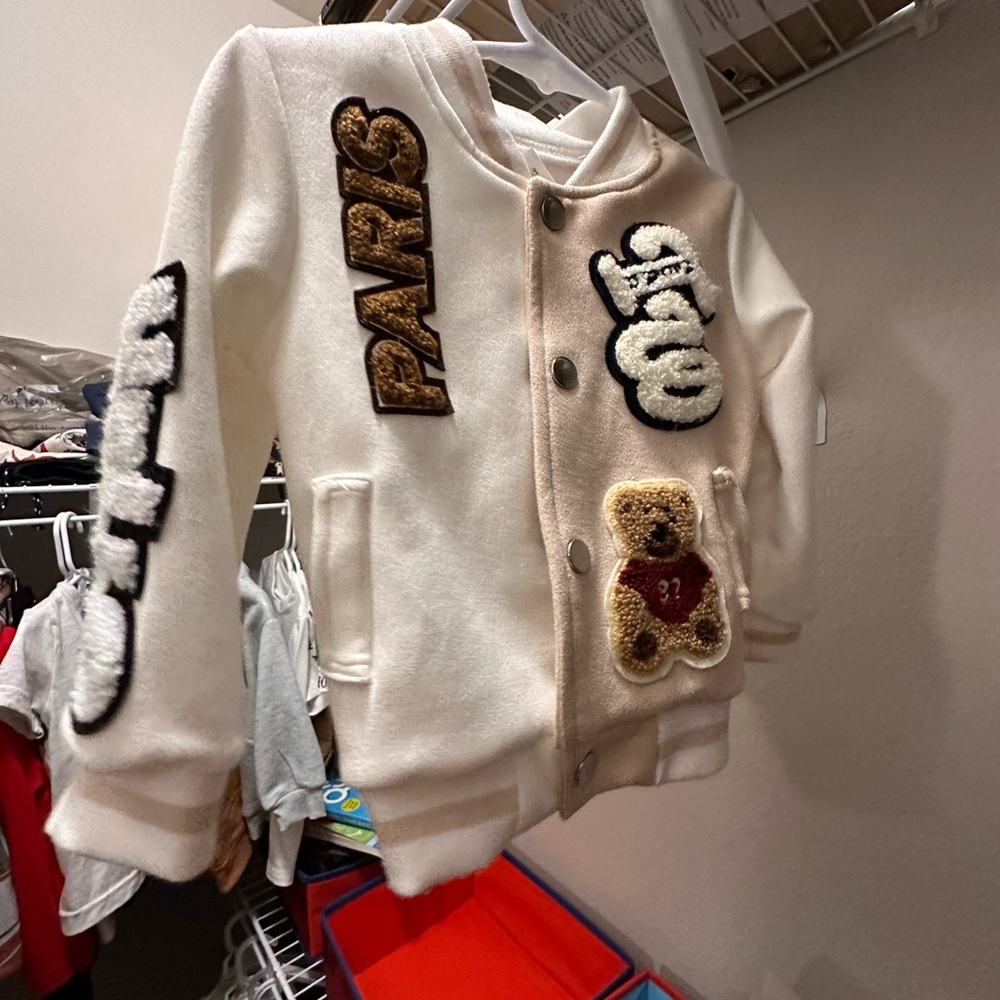 White Varsity Jacket with Bear Patch